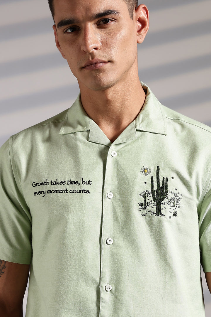 Cactus: Green Embroidery Cuban Shirt