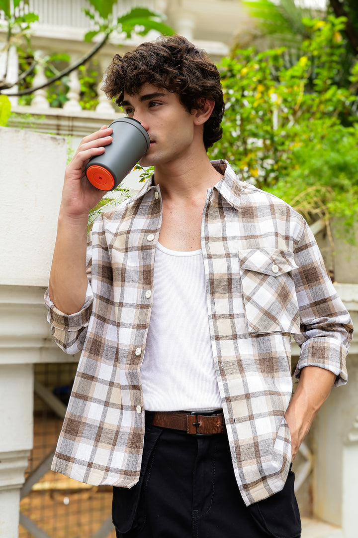 Plaid: Brown Checks Cargo Pocket Shirt