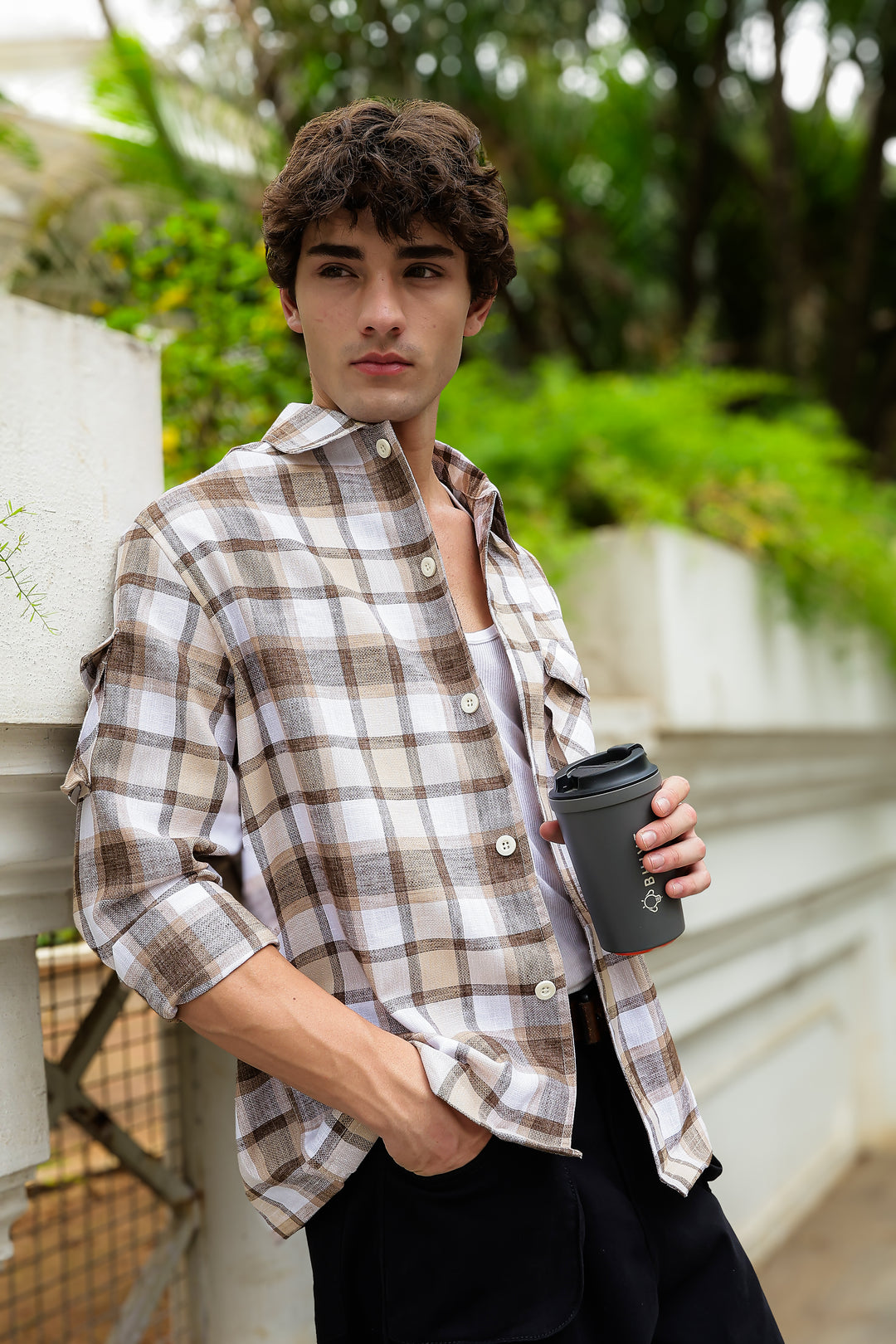 Plaid: Brown Checks Cargo Pocket Shirt