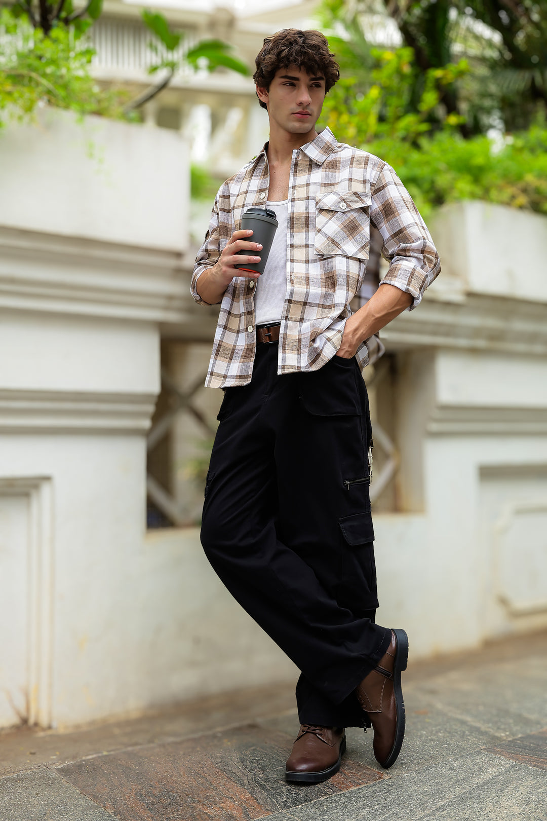 Plaid: Brown Checks Cargo Pocket Shirt