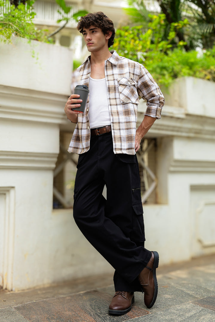 Plaid: Brown Checks Cargo Pocket Shirt