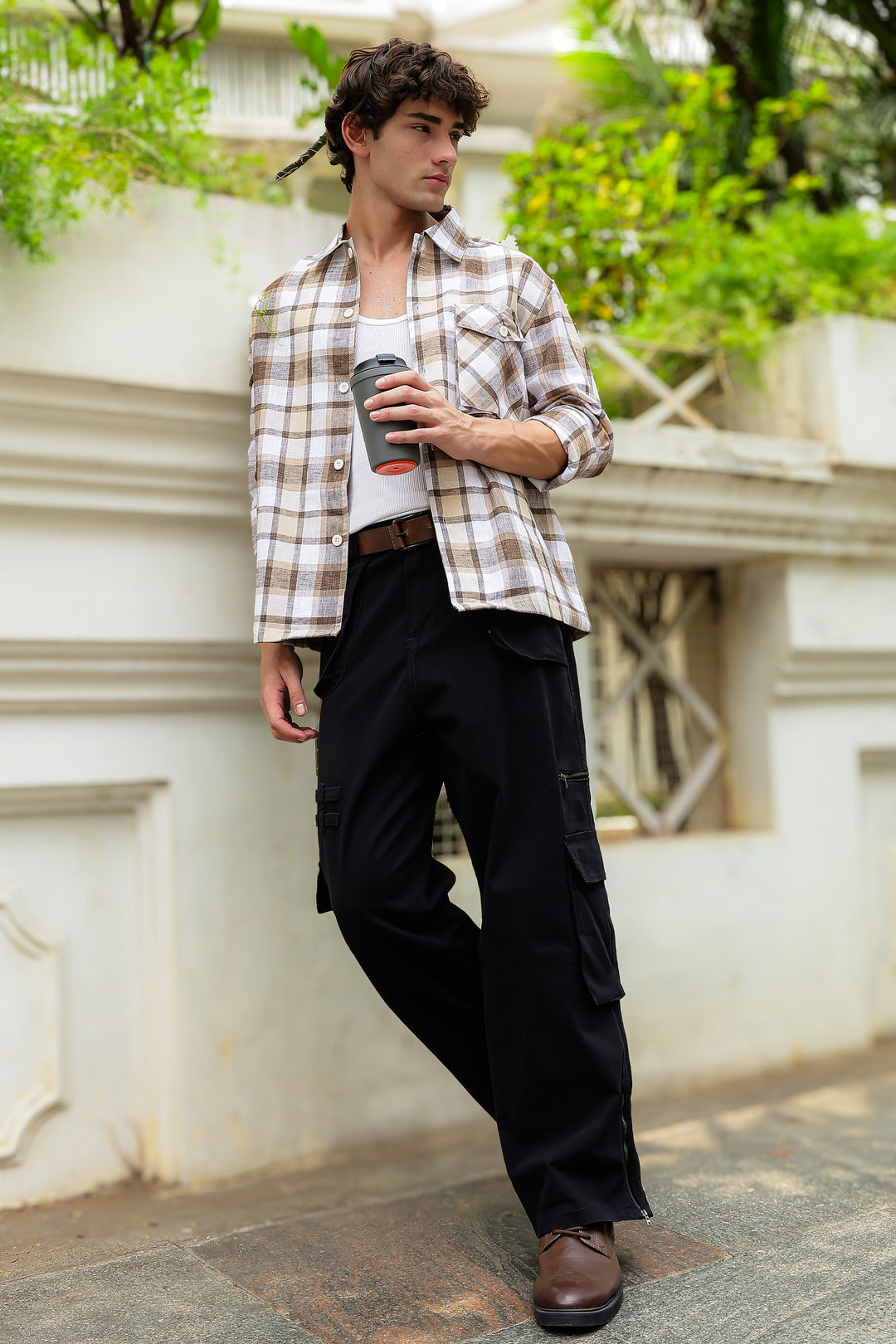 Plaid: Brown Checks Cargo Pocket Shirt