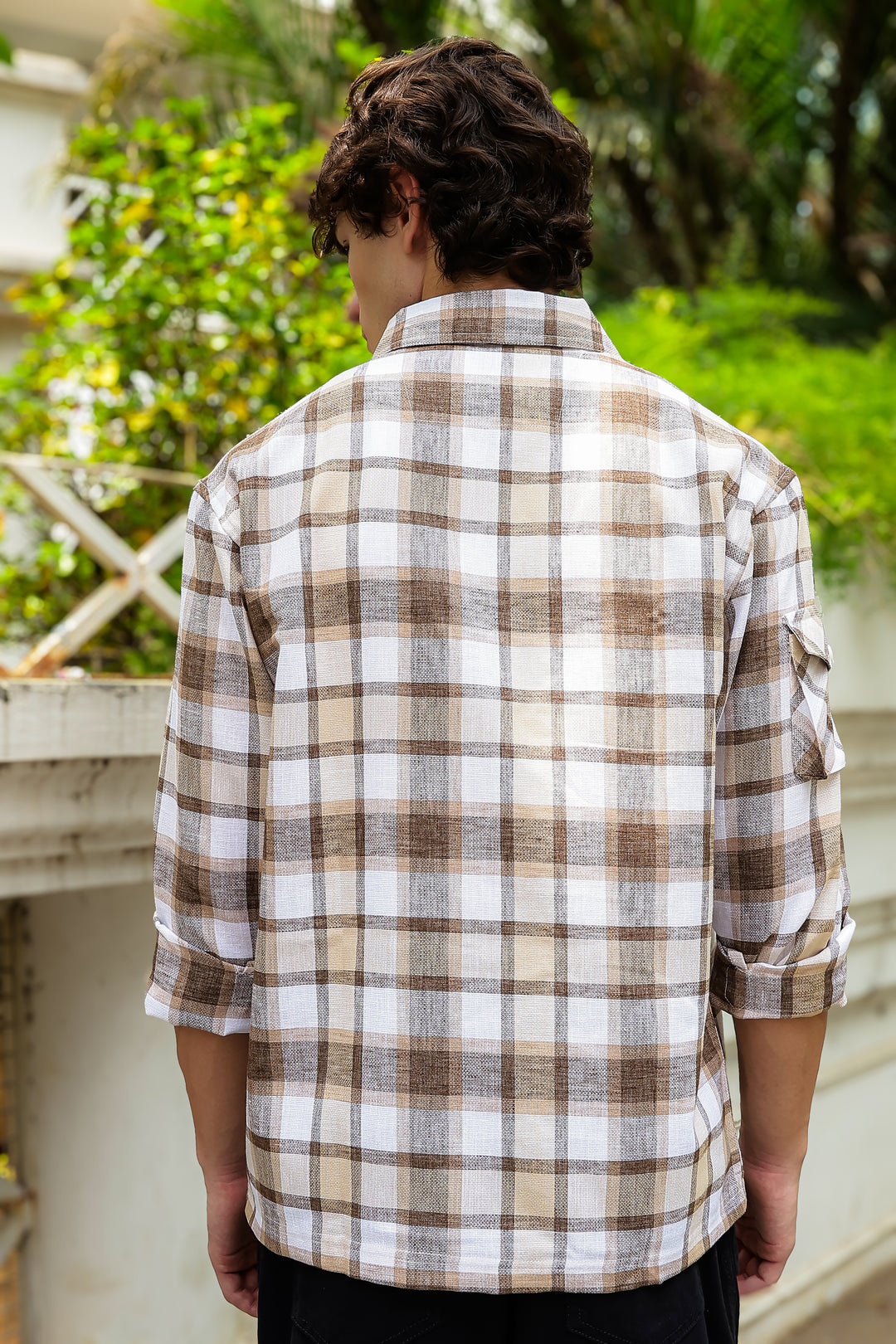 Plaid: Brown Checks Cargo Pocket Shirt