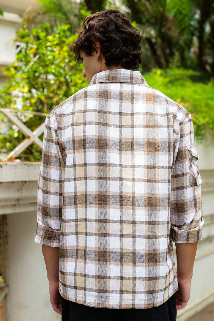 Plaid: Brown Checks Cargo Pocket Shirt