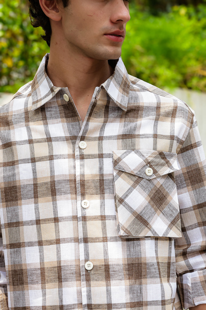Plaid: Brown Checks Cargo Pocket Shirt