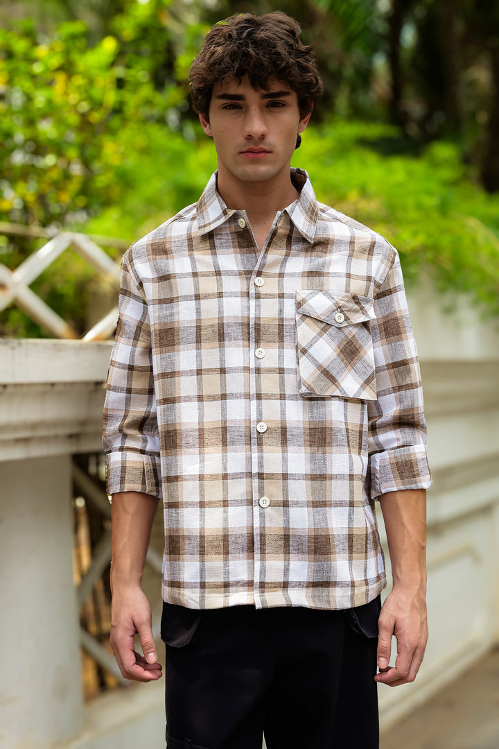 Plaid: Brown Checks Cargo Pocket Shirt