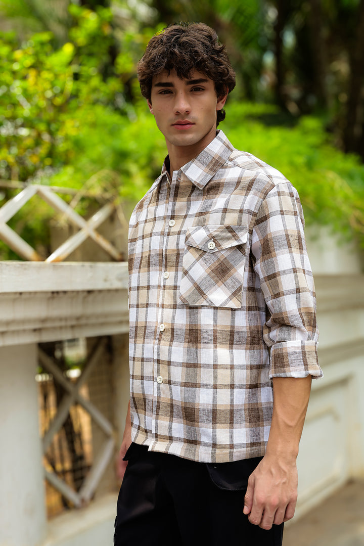 Plaid: Brown Checks Cargo Pocket Shirt