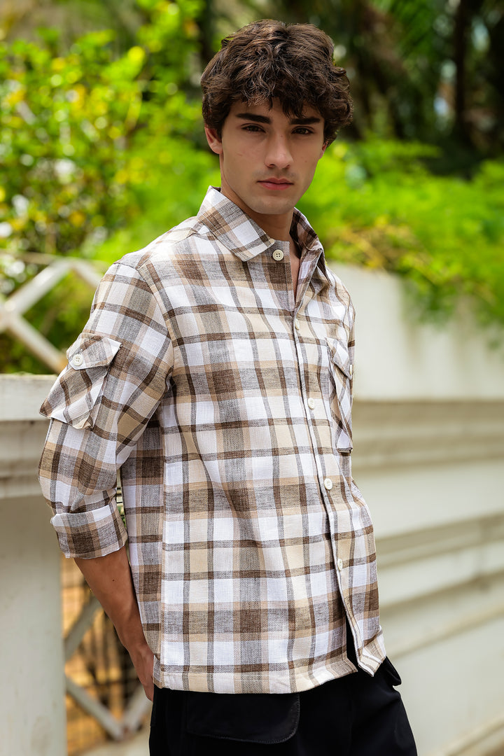 Plaid: Brown Checks Cargo Pocket Shirt