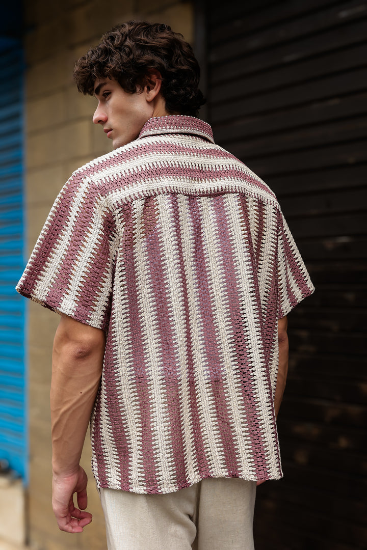 Short Sleeve: Red Stripes Crochet Shirt