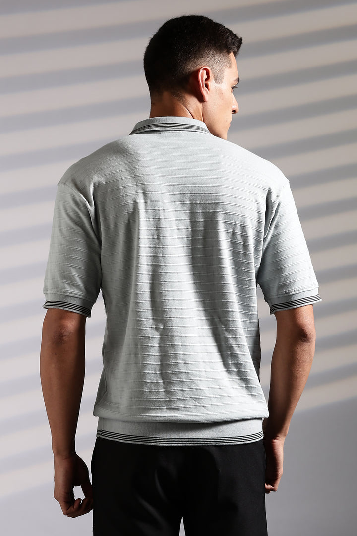 Textured Fabric Grey Oversized Polo Shirt