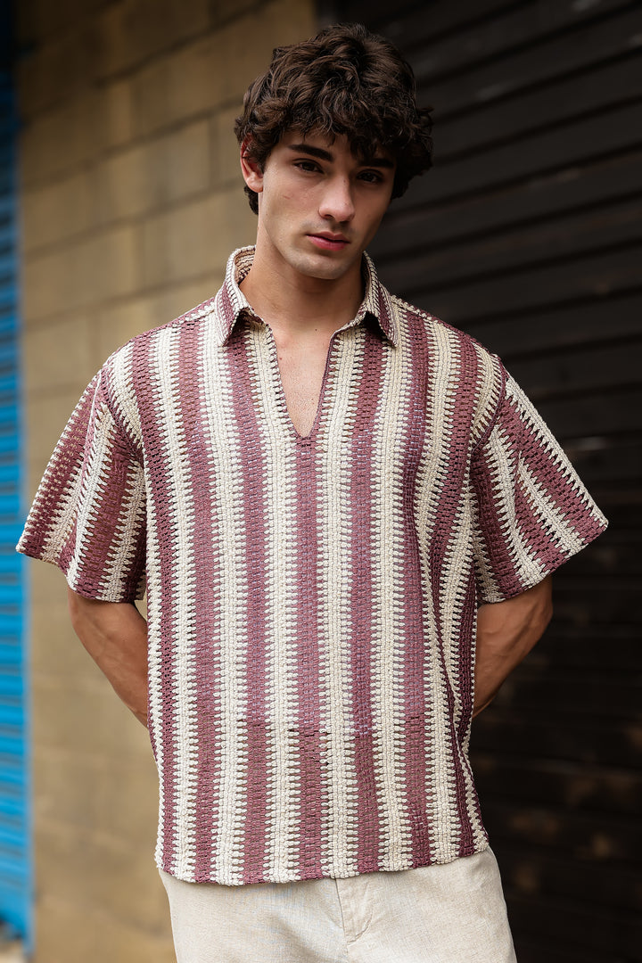 Short Sleeve: Red Stripes Crochet Shirt