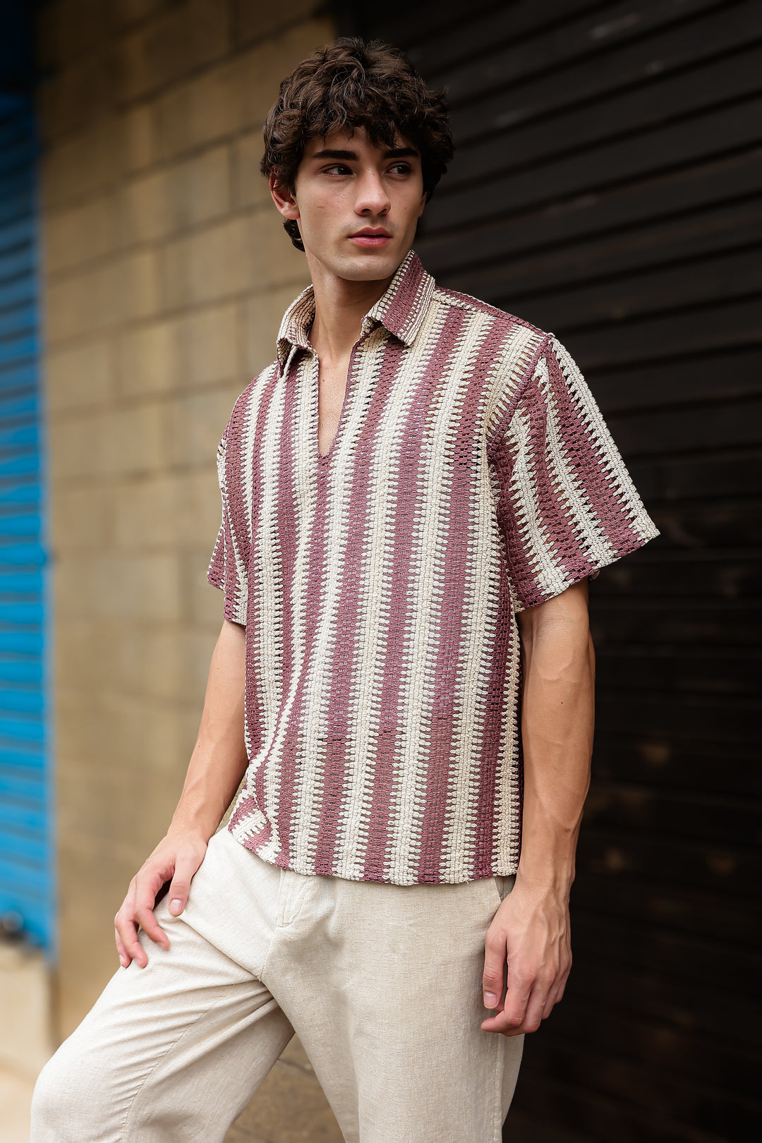 Short Sleeve: Red Stripes Crochet Shirt
