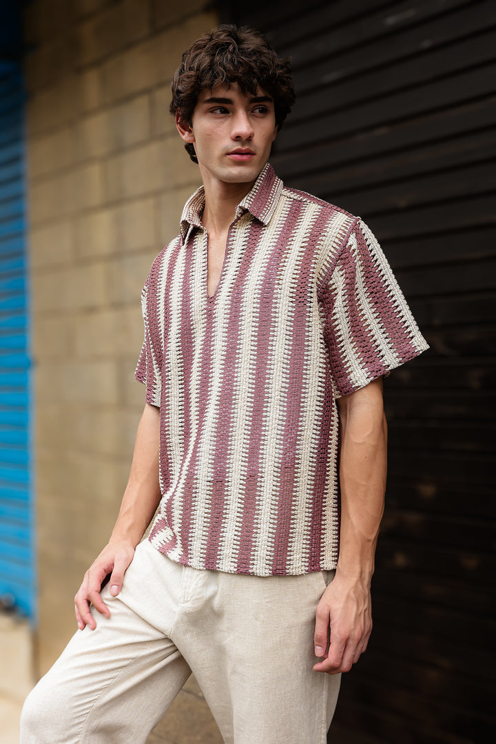 Short Sleeve: Red Stripes Crochet Shirt
