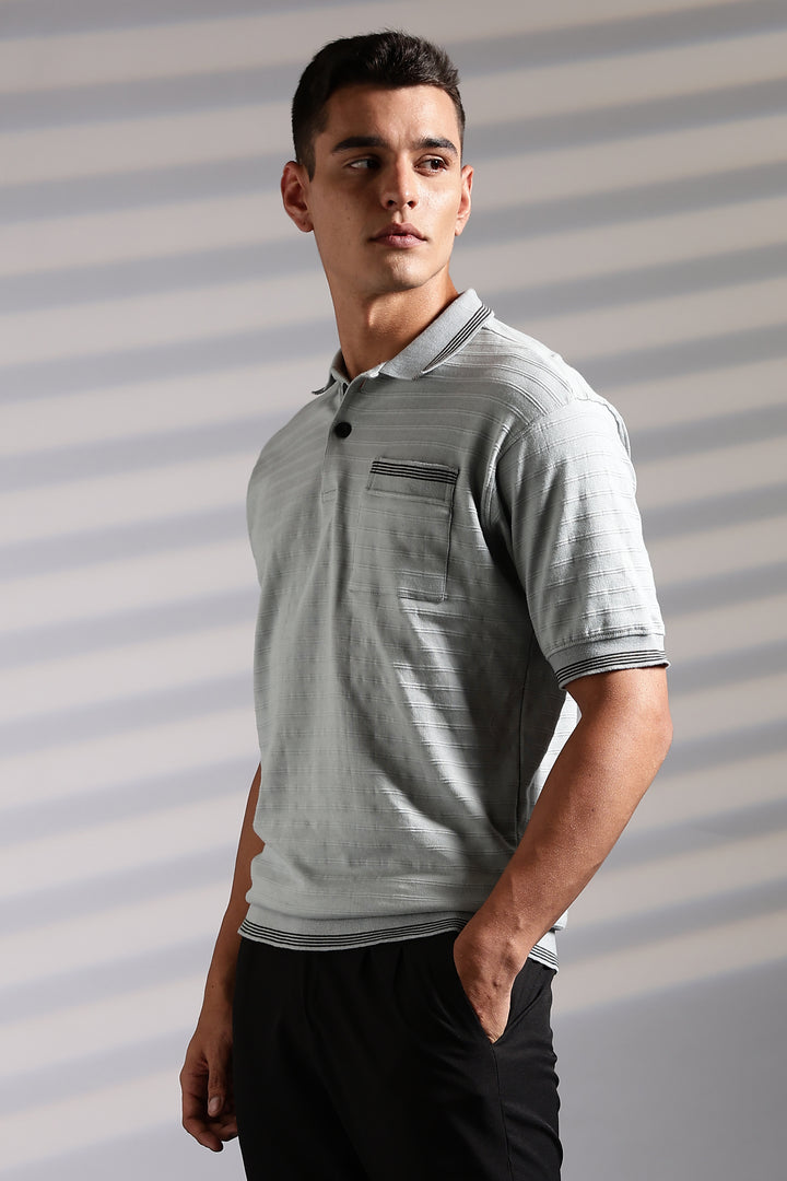 Textured Fabric Grey Oversized Polo Shirt