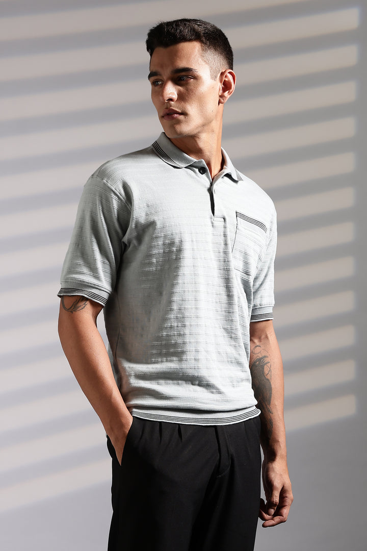 Textured Fabric Grey Oversized Polo Shirt
