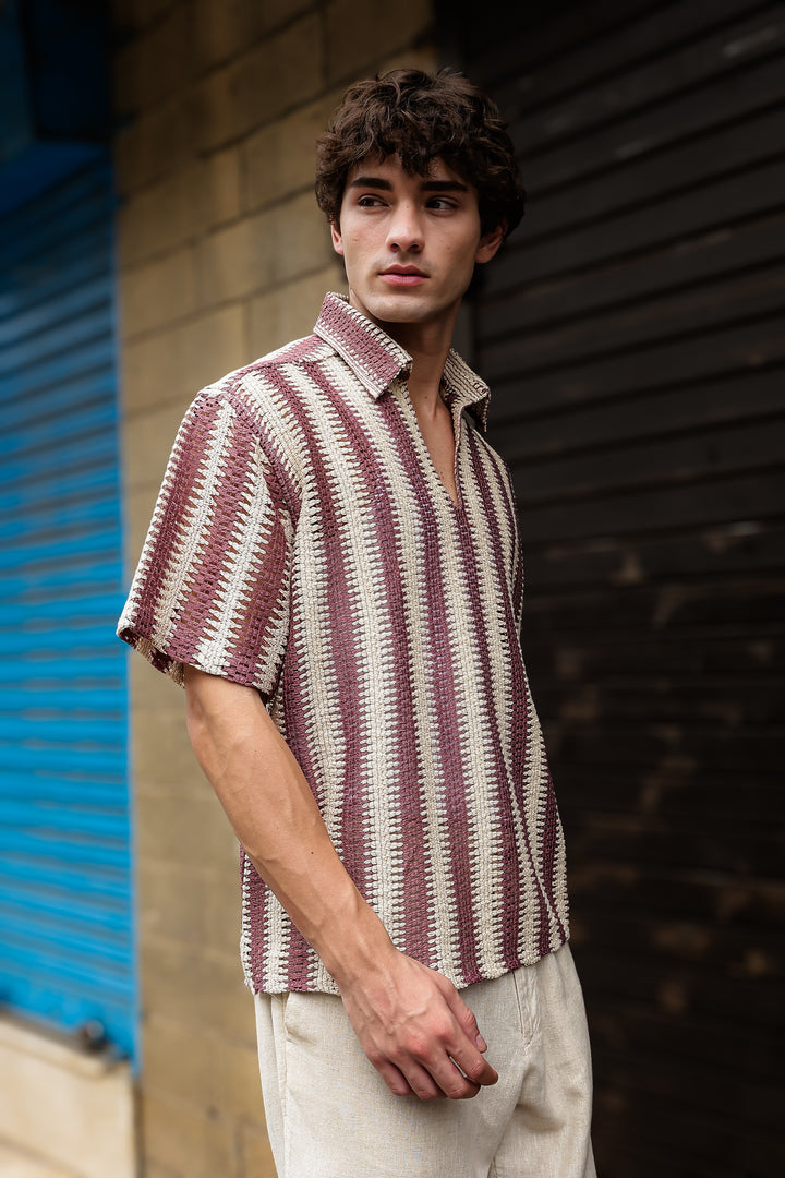 Short Sleeve: Red Stripes Crochet Shirt