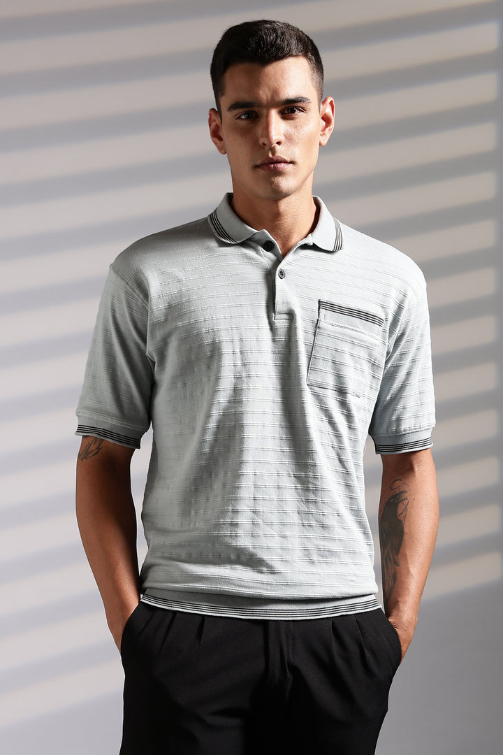 Textured Fabric Grey Oversized Polo Shirt