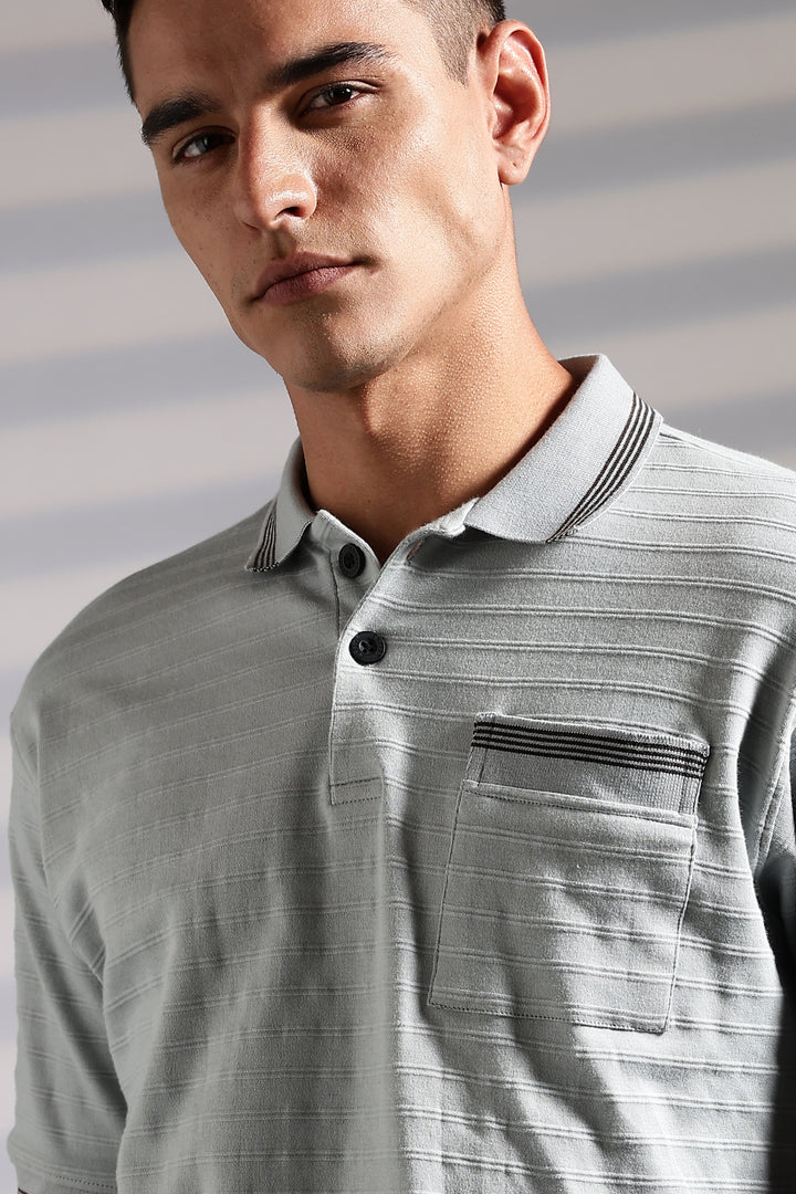 Textured Fabric Grey Oversized Polo Shirt