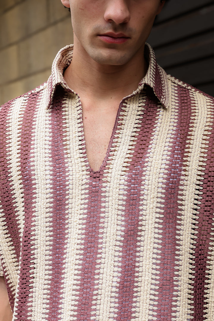 Short Sleeve: Red Stripes Crochet Shirt