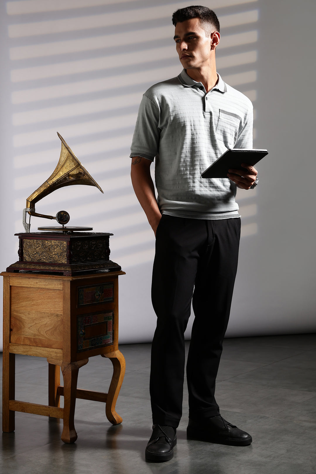 Textured Fabric Grey Oversized Polo Shirt