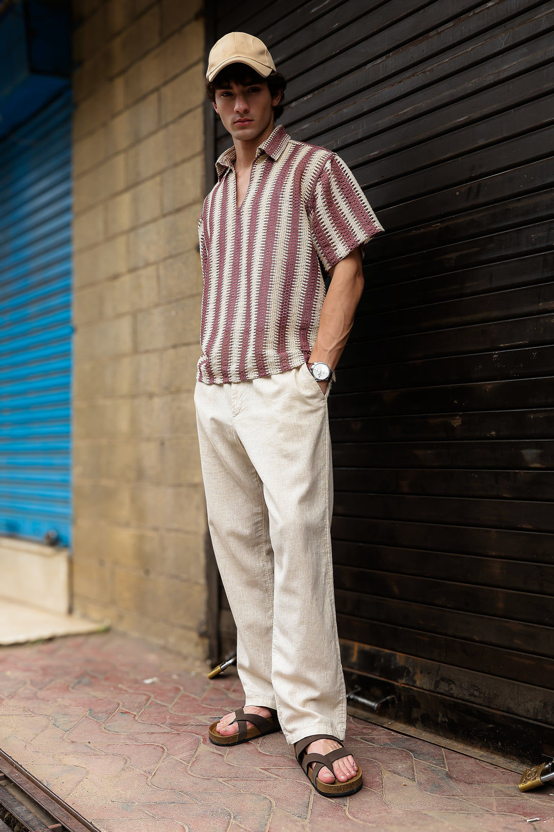 Short Sleeve: Red Stripes Crochet Shirt