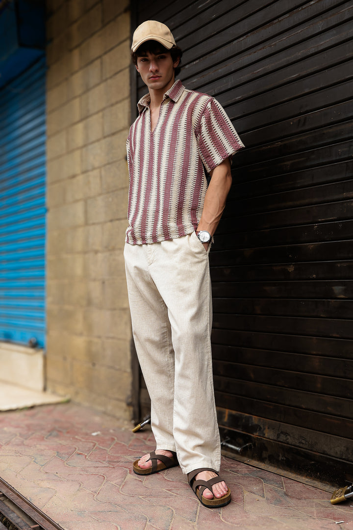 Short Sleeve: Red Stripes Crochet Shirt