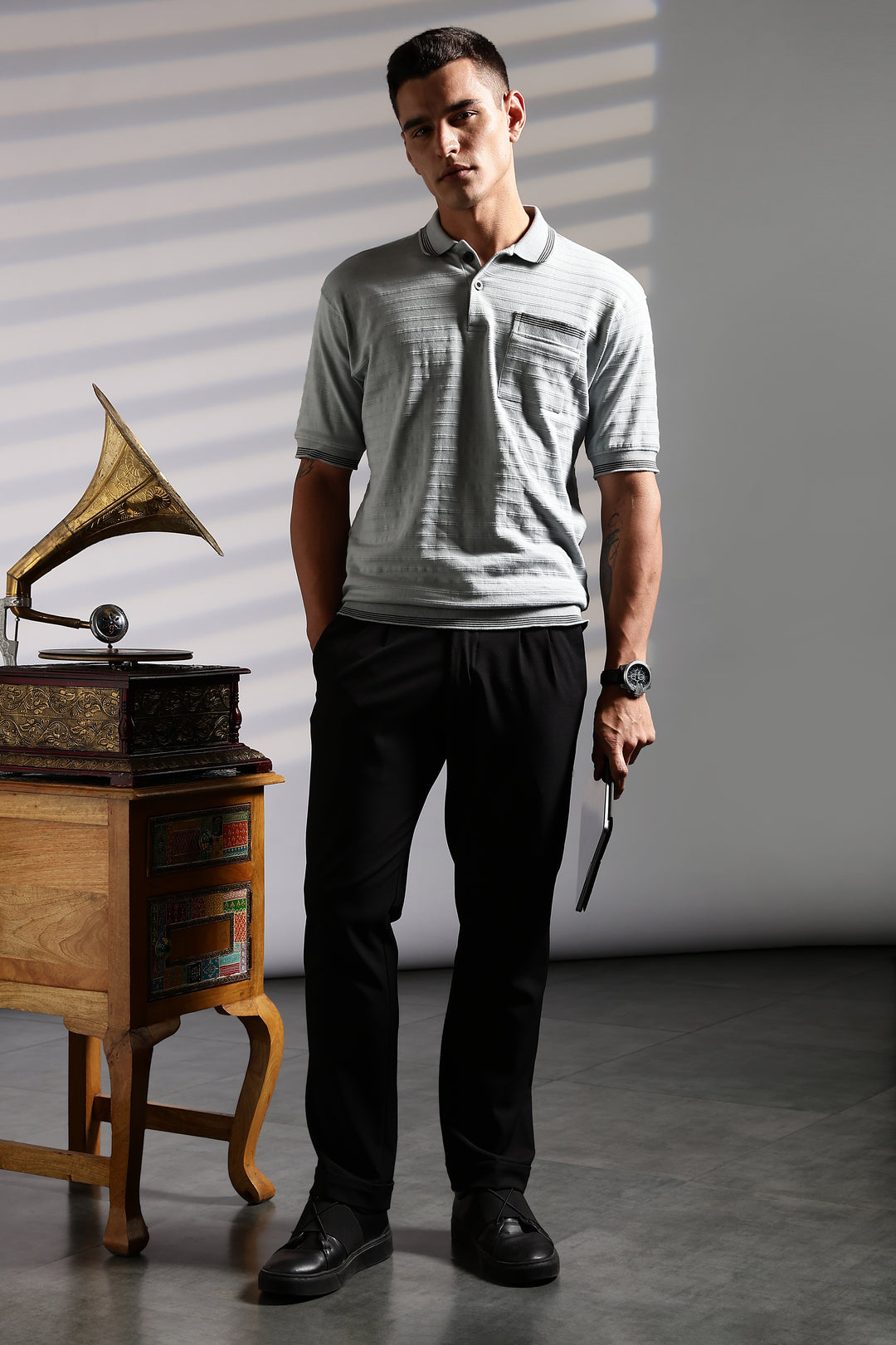 Textured Fabric Grey Oversized Polo Shirt