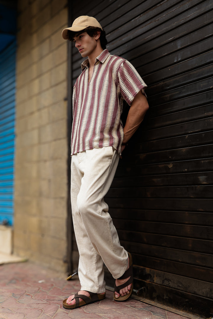 Short Sleeve: Red Stripes Crochet Shirt