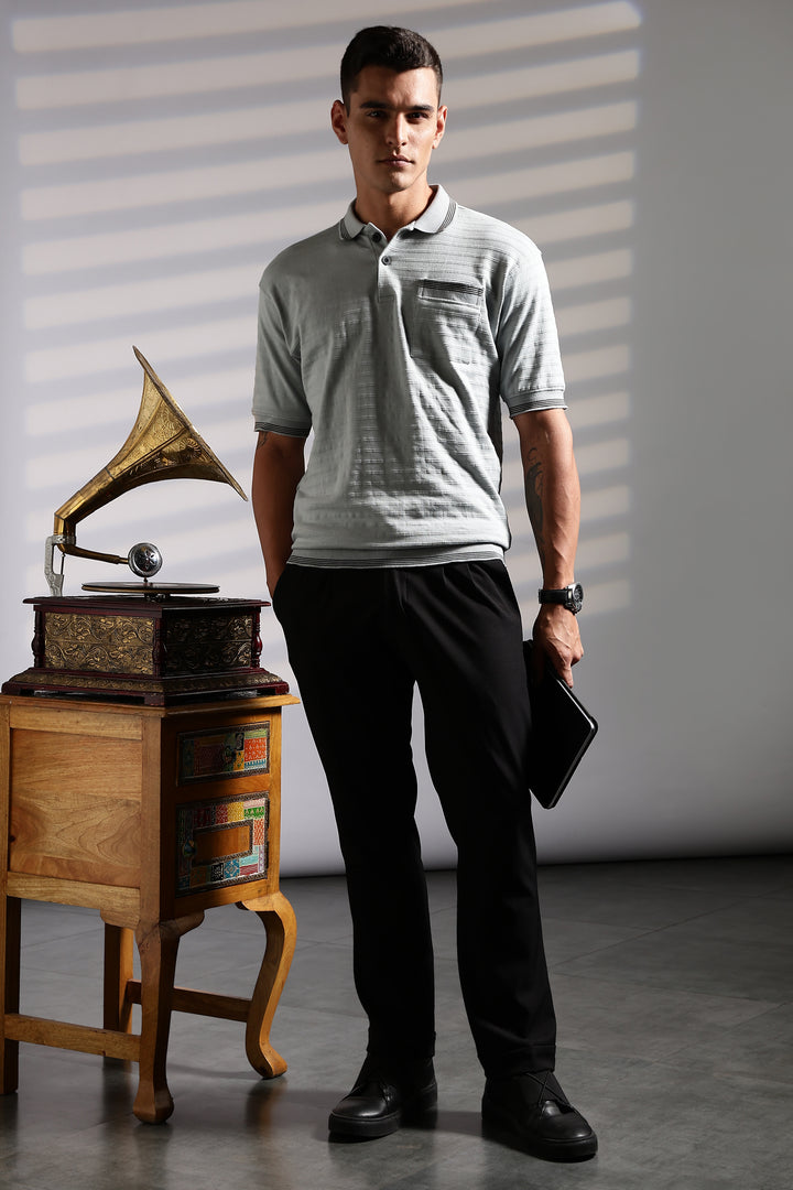 Textured Fabric Grey Oversized Polo Shirt