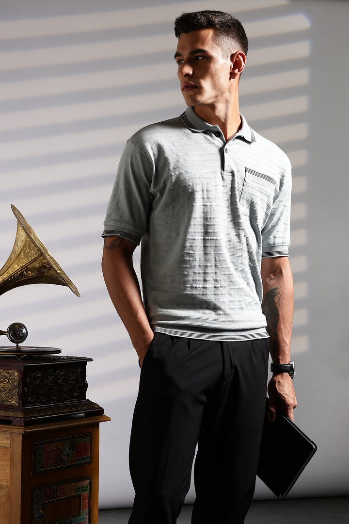 Textured Fabric Grey Oversized Polo Shirt