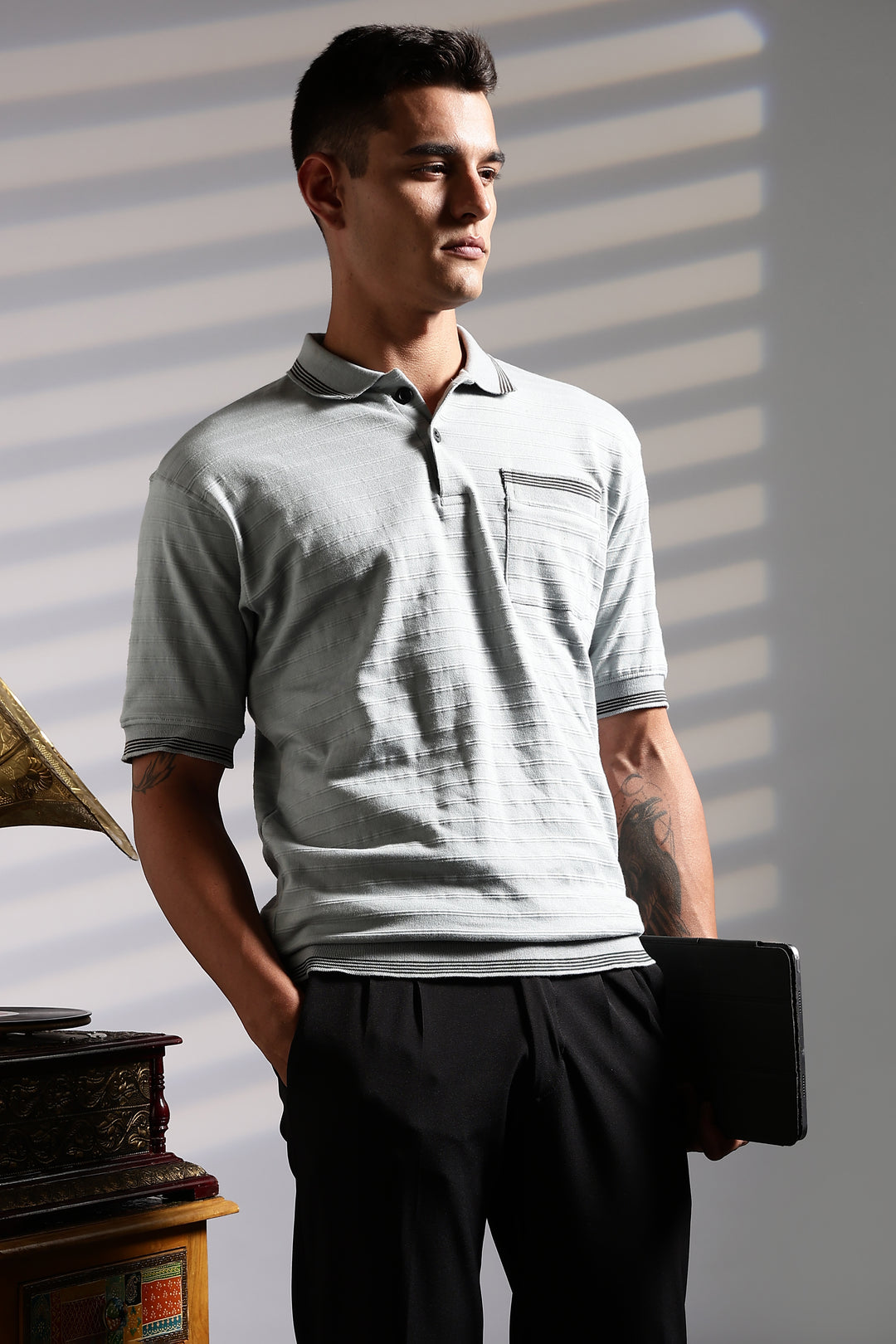 Textured Fabric Grey Oversized Polo Shirt