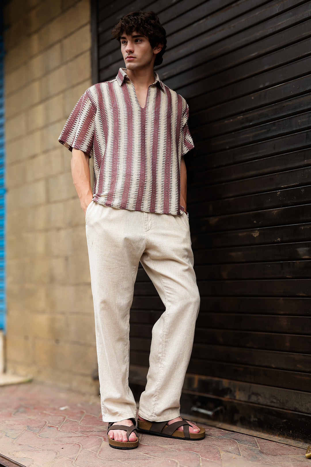 Short Sleeve: Red Stripes Crochet Shirt