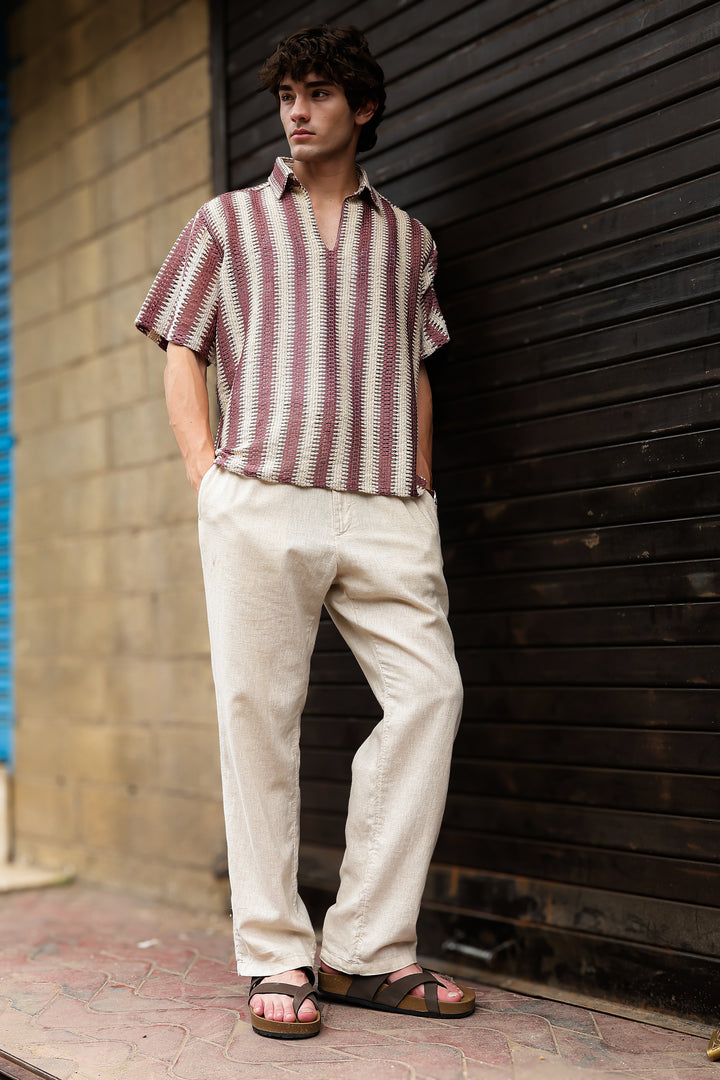 Short Sleeve: Red Stripes Crochet Shirt