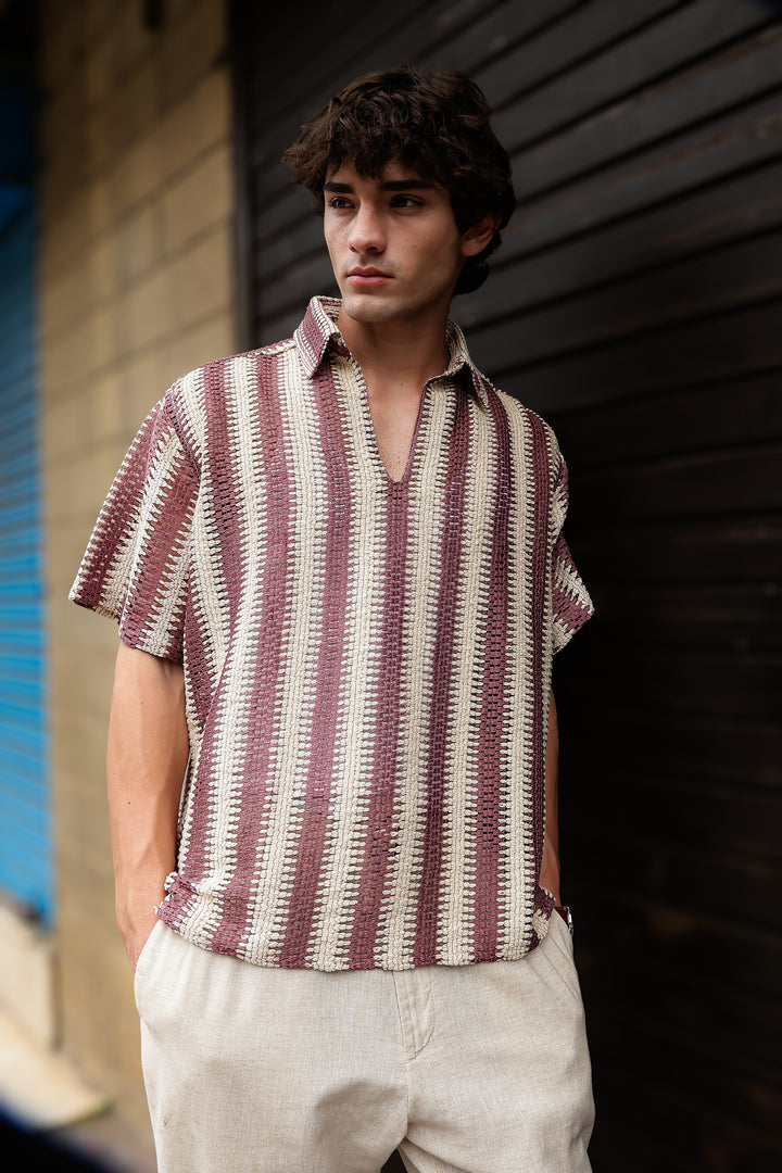 Short Sleeve: Red Stripes Crochet Shirt