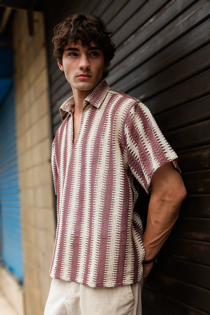 Short Sleeve: Red Stripes Crochet Shirt
