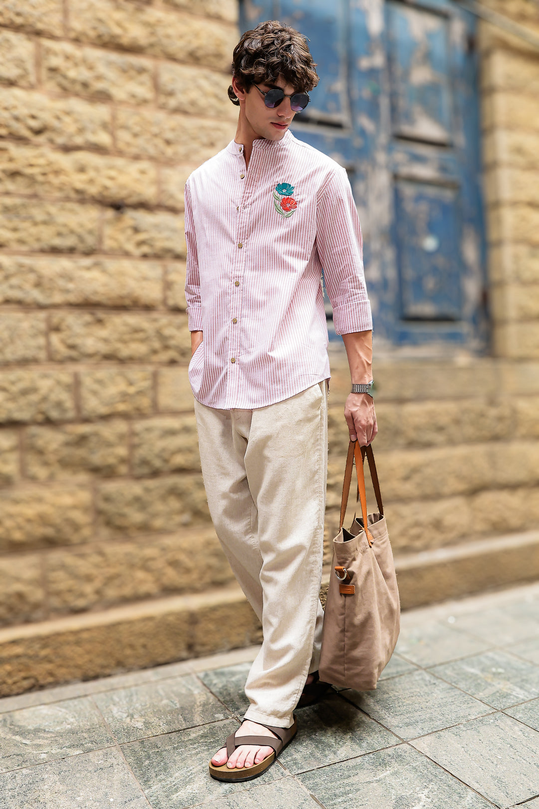 Twin-Flower: Stripes Pink Stripes Embroidery Shirt