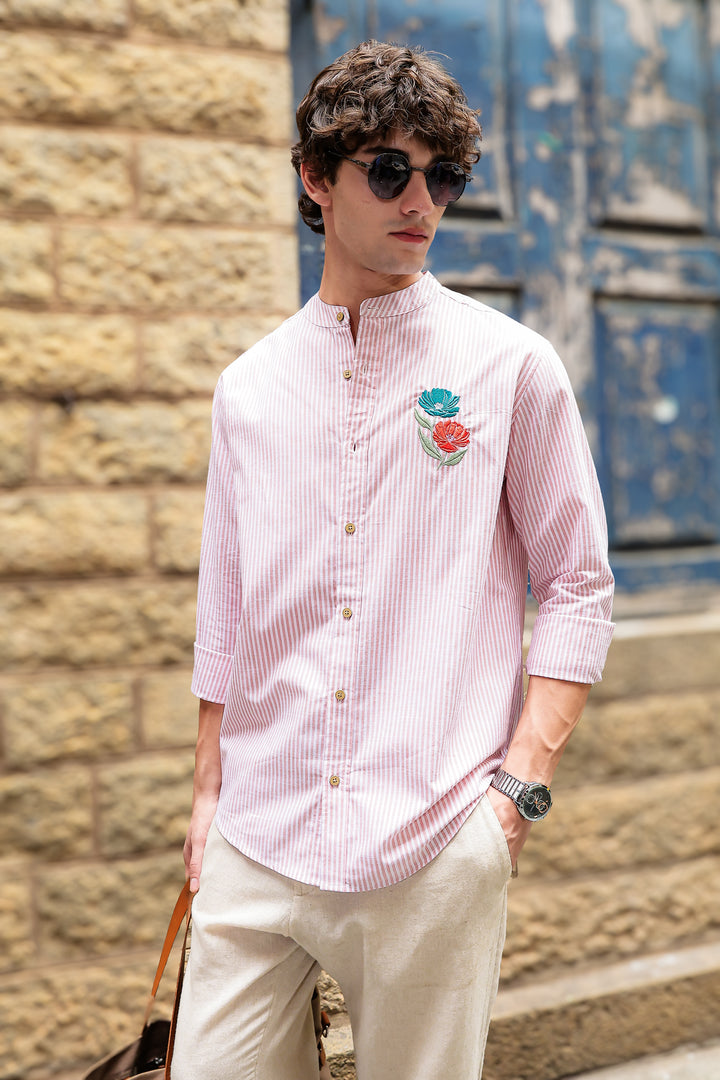 Twin-Flower: Stripes Pink Stripes Embroidery Shirt