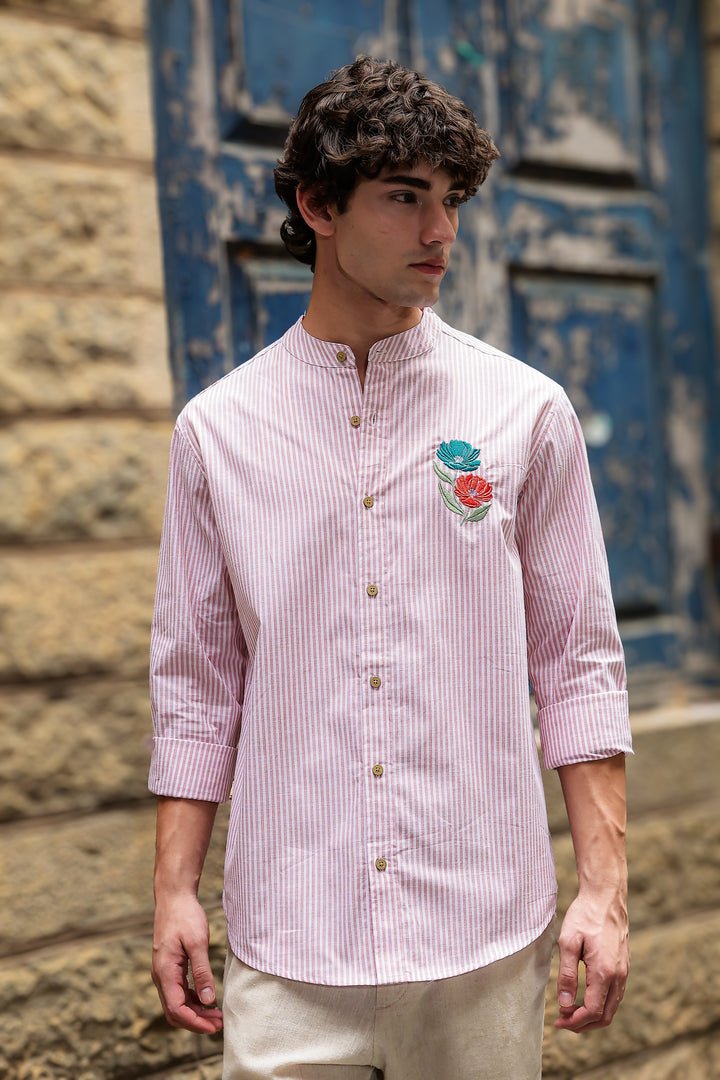 Twin-Flower: Stripes Pink Stripes Embroidery Shirt