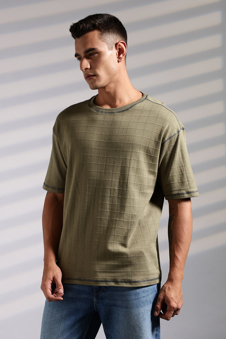 Textured Fabric Olive Oversized T- Shirt