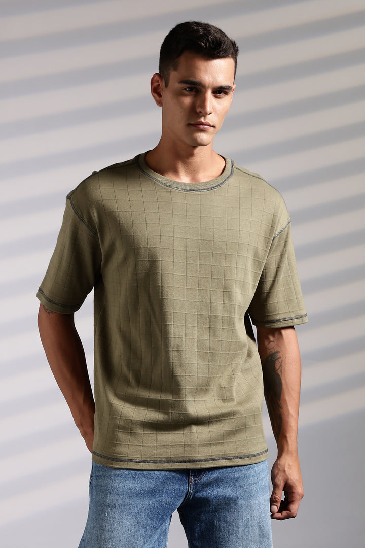 Textured Fabric Olive Oversized T- Shirt