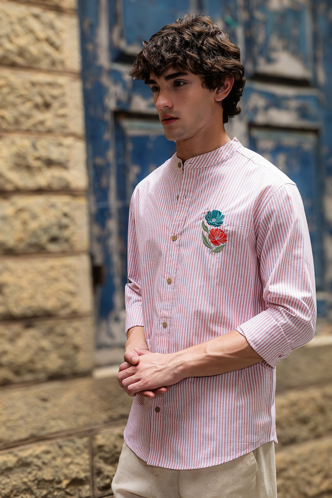 Twin-Flower: Stripes Pink Stripes Embroidery Shirt