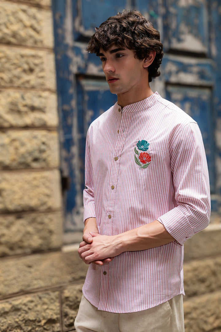 Twin-Flower: Stripes Pink Stripes Embroidery Shirt