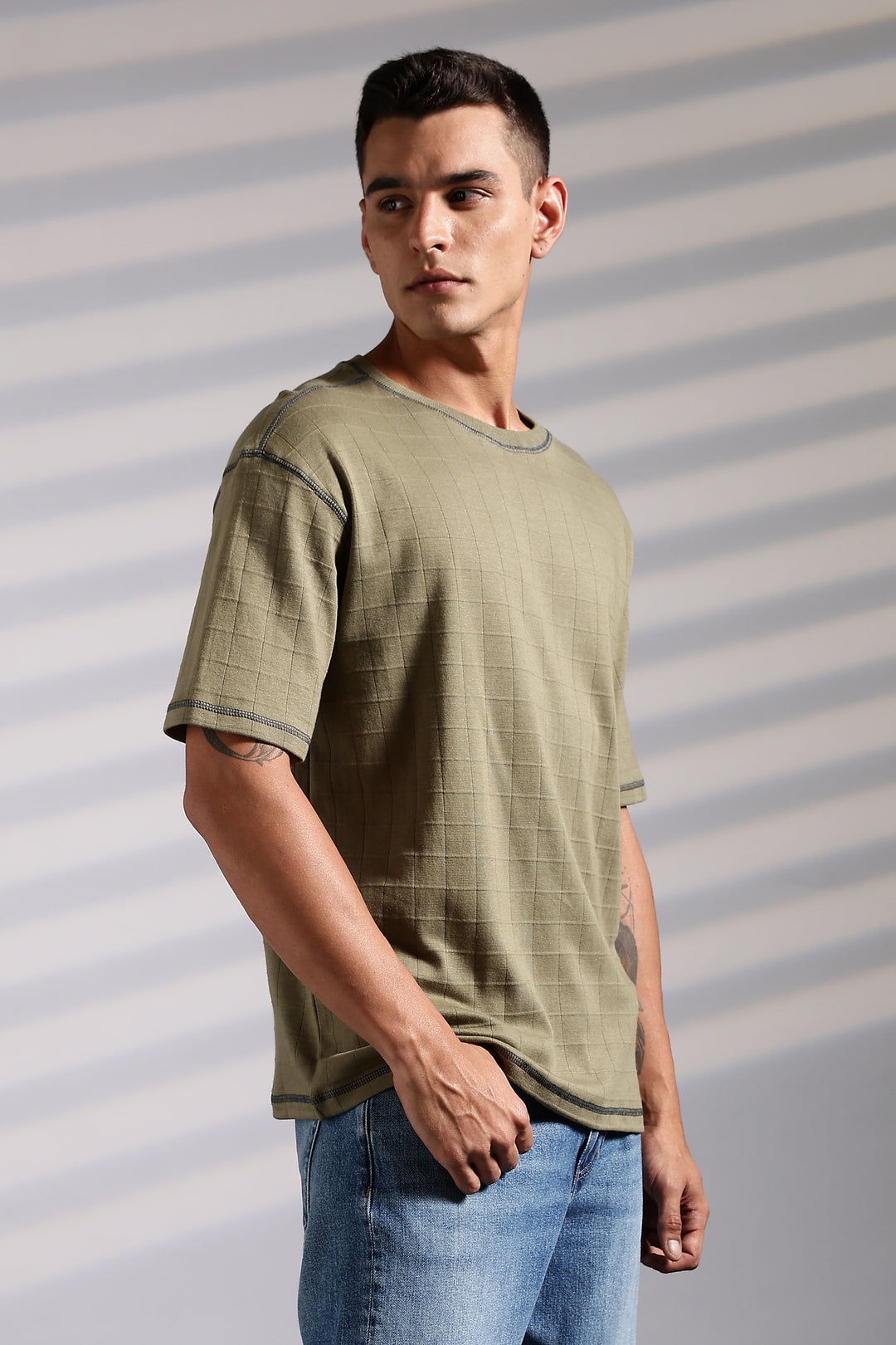 Textured Fabric Olive Oversized T- Shirt