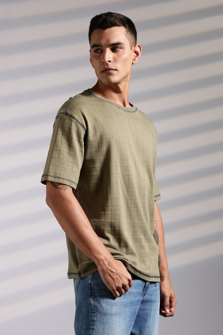 Textured Fabric Olive Oversized T- Shirt