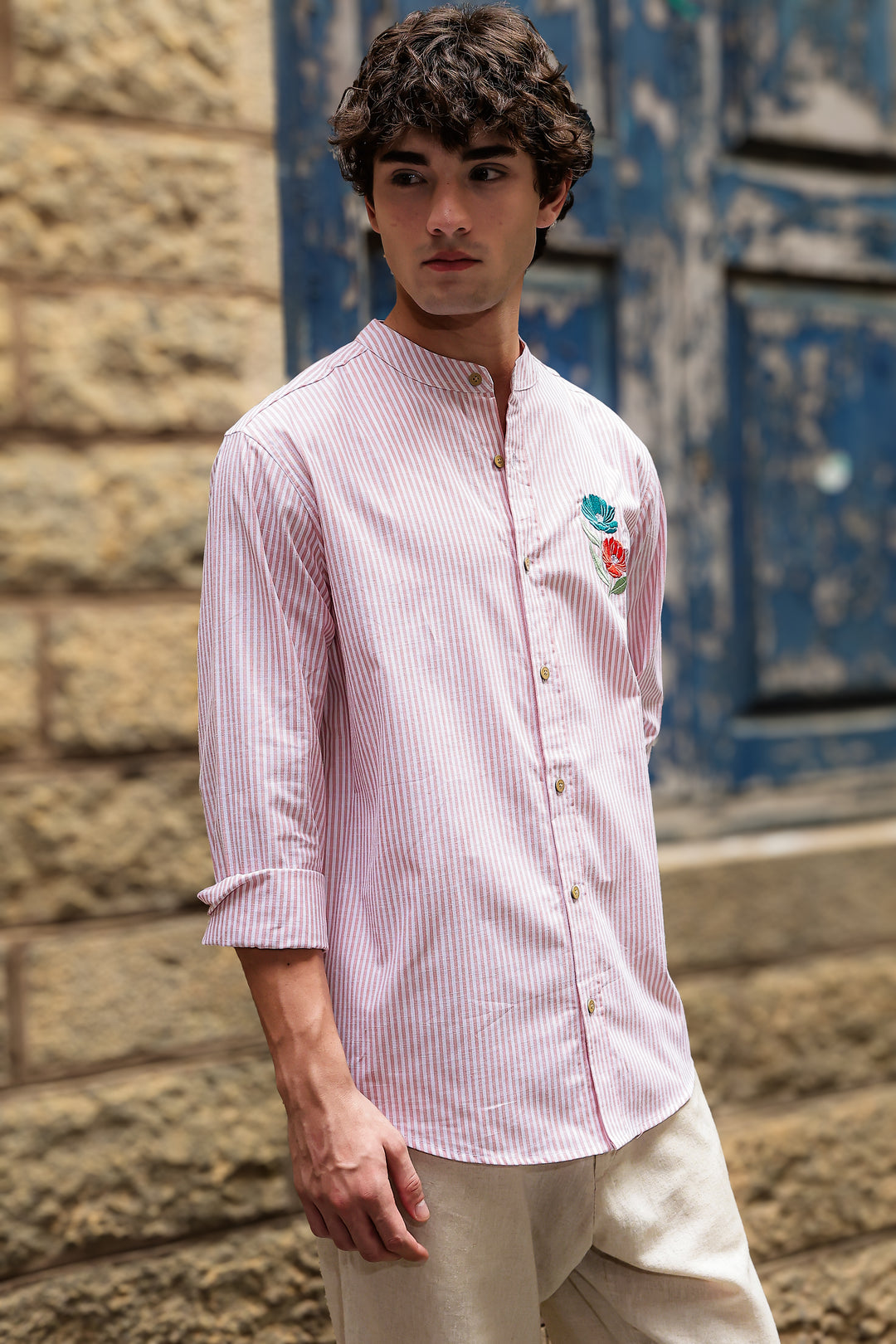 Twin-Flower: Stripes Pink Stripes Embroidery Shirt
