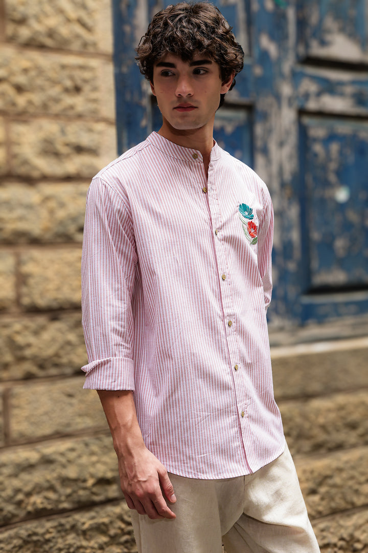 Twin-Flower: Stripes Pink Stripes Embroidery Shirt