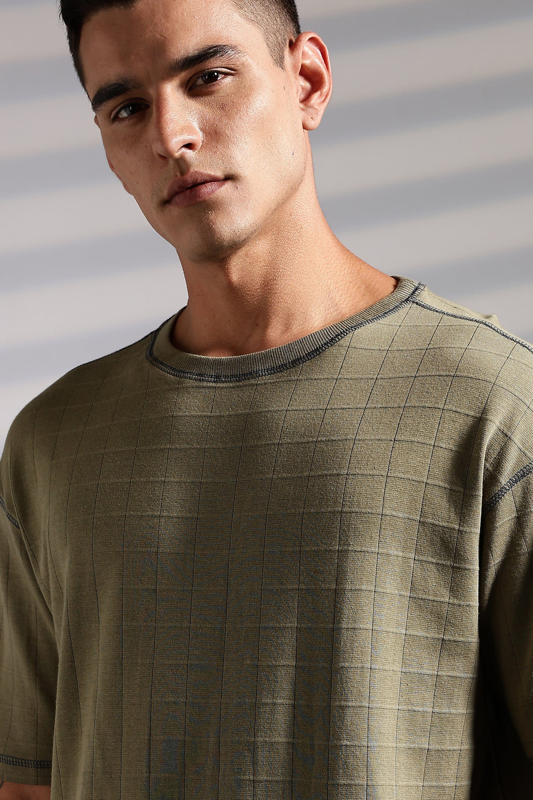 Textured Fabric Olive Oversized T- Shirt