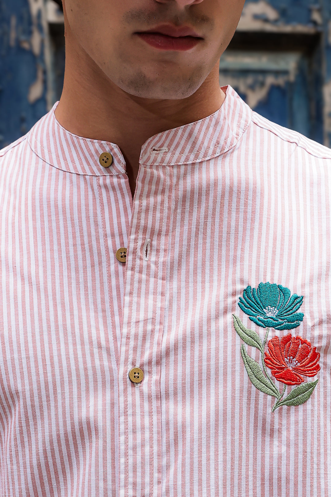 Twin-Flower: Stripes Pink Stripes Embroidery Shirt