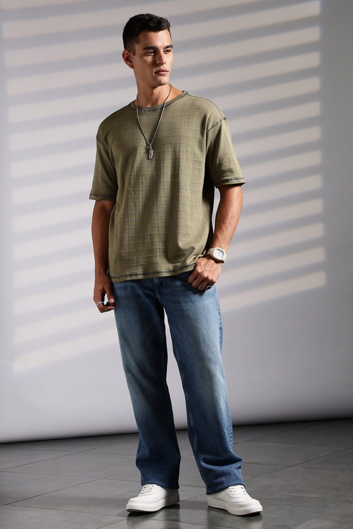 Textured Fabric Olive Oversized T- Shirt