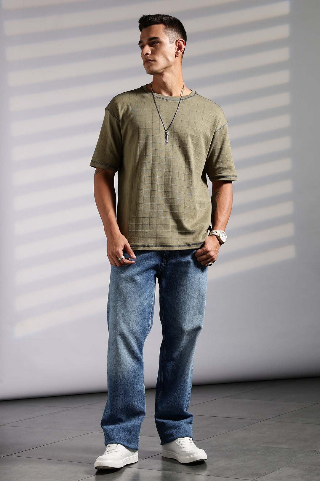 Textured Fabric Olive Oversized T- Shirt